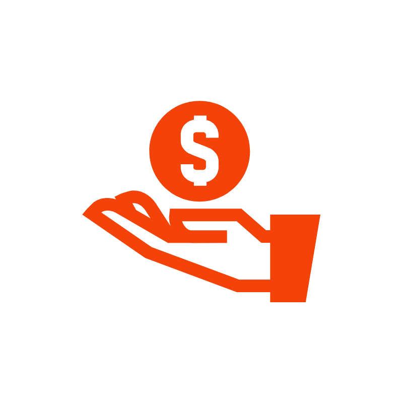 這張圖片展示了一個橙色的手掌托著美元符號的圖標，象徵著成本效益。長期來看，NAS比雲存儲更具成本效益，特別是對於有大容量存儲需求的用戶。