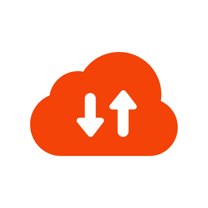 這張圖片展示了一個雲端帶有箭頭標誌的圖標，象徵著數據的安全備份。NAS提供自動備份功能，確保重要數據不會丟失，同時支持異地備份，進一步提高數據的安全性。