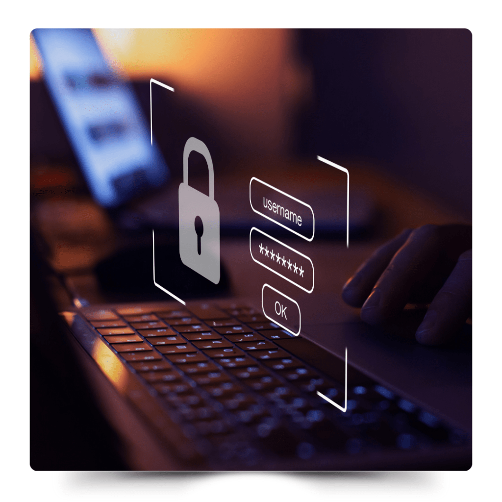 一台筆記型電腦上顯示著登錄界面和鎖頭圖標，強調數據安全的重要性。